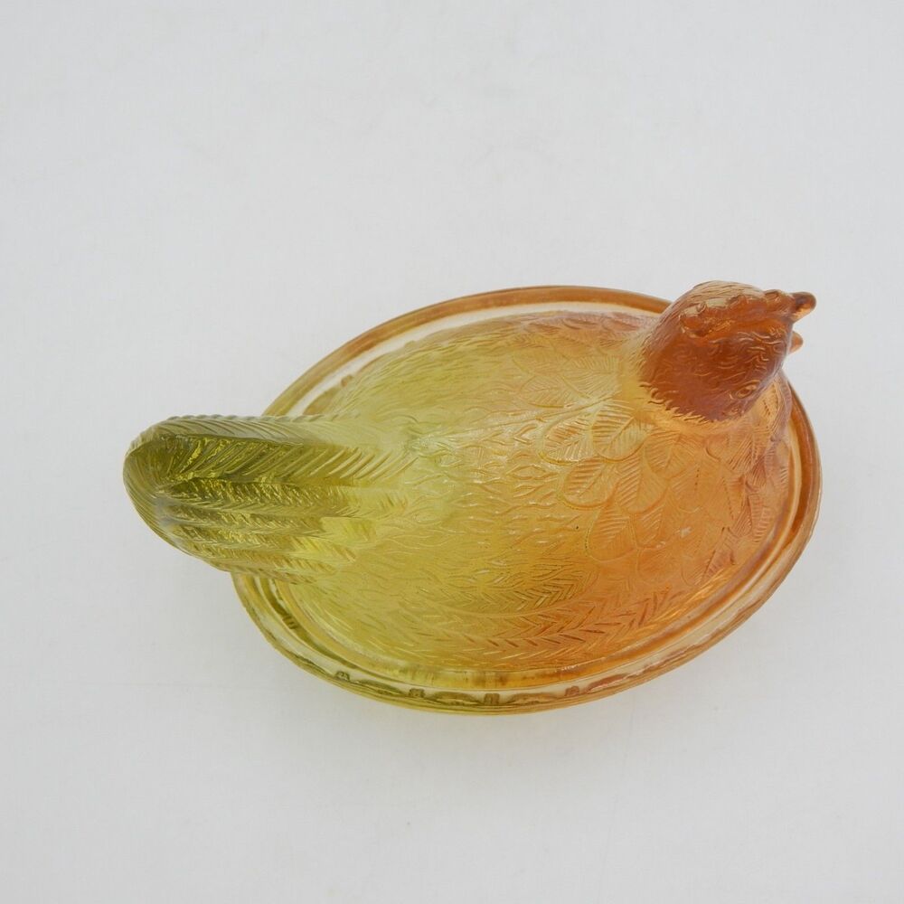 Glass Hen On Nest Ombre Amber Yellow Covered Candy Dish 6 Inch Vintage - Picture 5 of 10